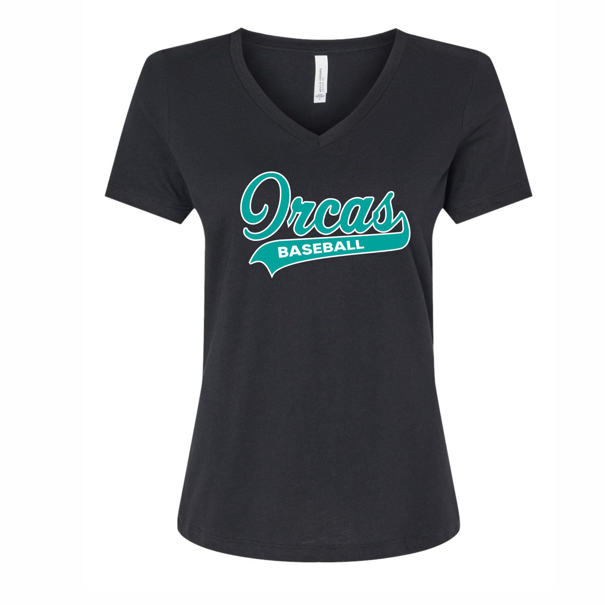 13. Orcas - Ladies V-Neck T-shirt (Script Design)