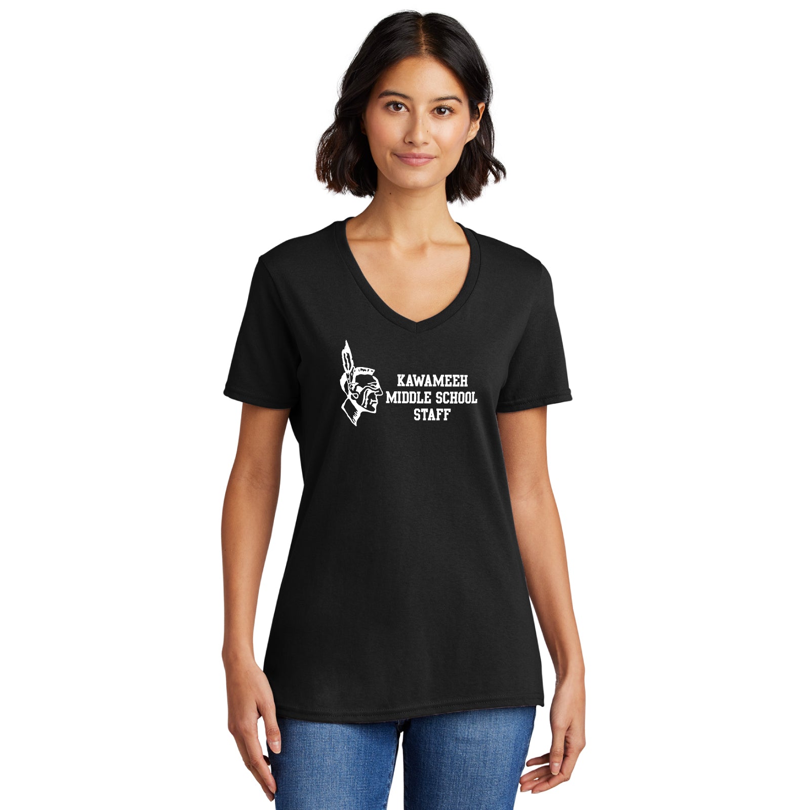 Kawameeh M.S. Staff - 'STRAIGHT TEXT' Women's V-Neck Cotton Short Sleeve Tee